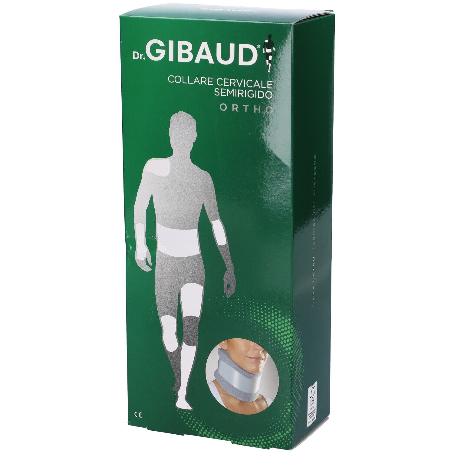 Scatola verde con immagine del prodotto. Scritto: Dr. Gibaud, Collare Cervicale Semirigido Ortho. Immagine di un collare cervicale.
