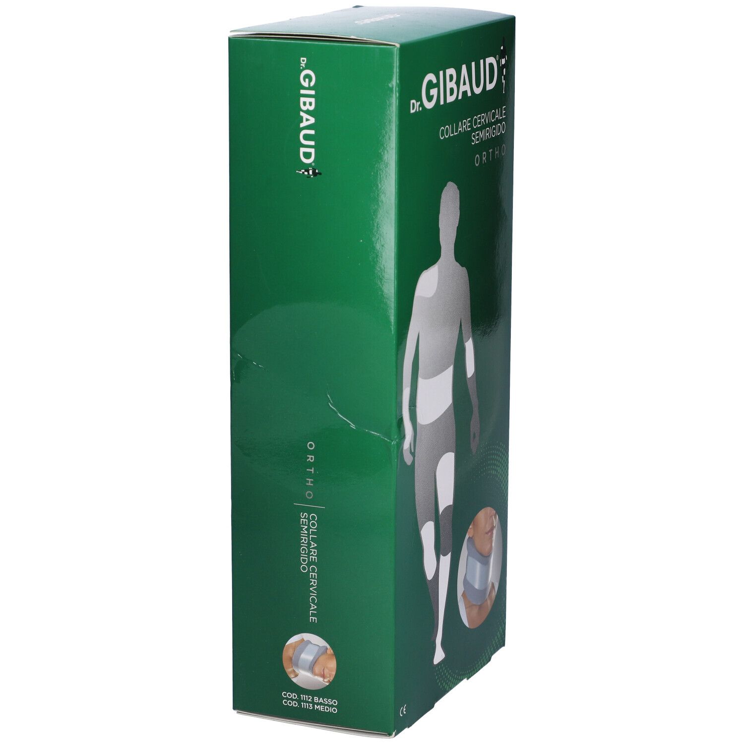 Scatola verde, vista laterale. Scritto: Dr. Gibaud, Collare Cervicale Semirigido Ortho. Immagine di un collare cervicale.