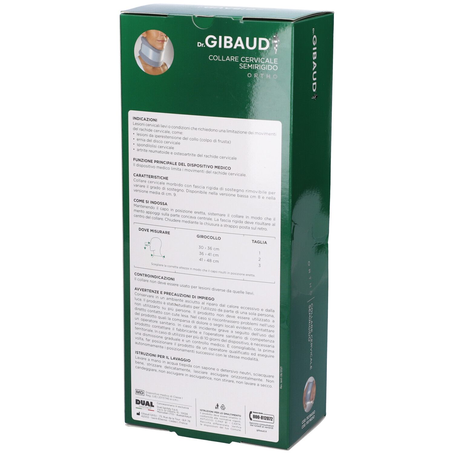Retro della scatola verde. Informazioni testuali e tabella taglie. Scritto: Dr. Gibaud, Collare Cervicale Semirigido Ortho.