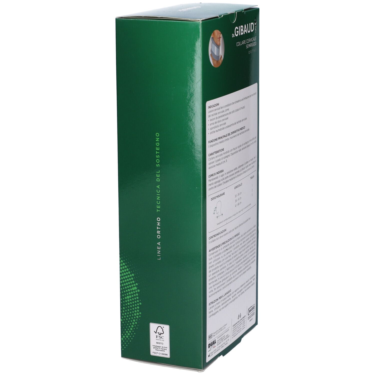 Scatola verde, vista laterale. Informazioni testuali. Scritto: Dr. Gibaud, Collare Cervicale Semirigido Ortho.