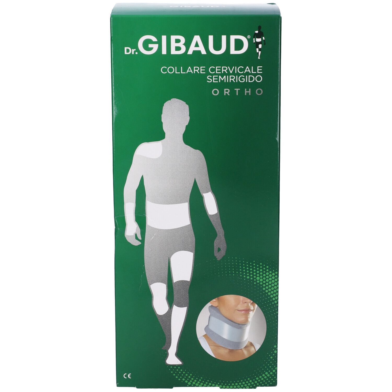 Scatola verde con immagine del prodotto. Scritto: Dr. Gibaud, Collare Cervicale Semirigido Ortho. Immagine di un collare cervicale.