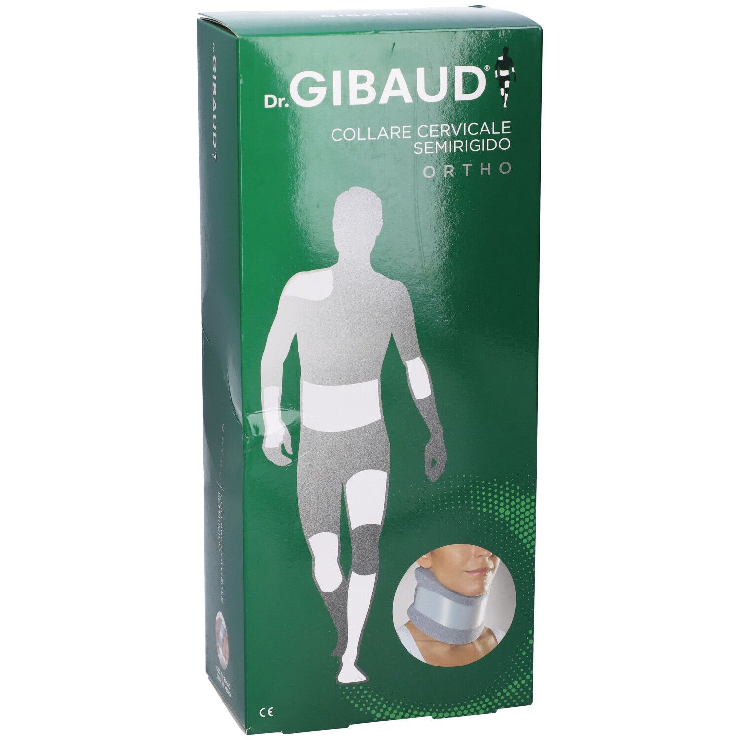 Scatola verde con immagine del prodotto. Scritto: Dr. Gibaud, Collare Cervicale Semirigido Ortho. Immagine di un collare cervicale.