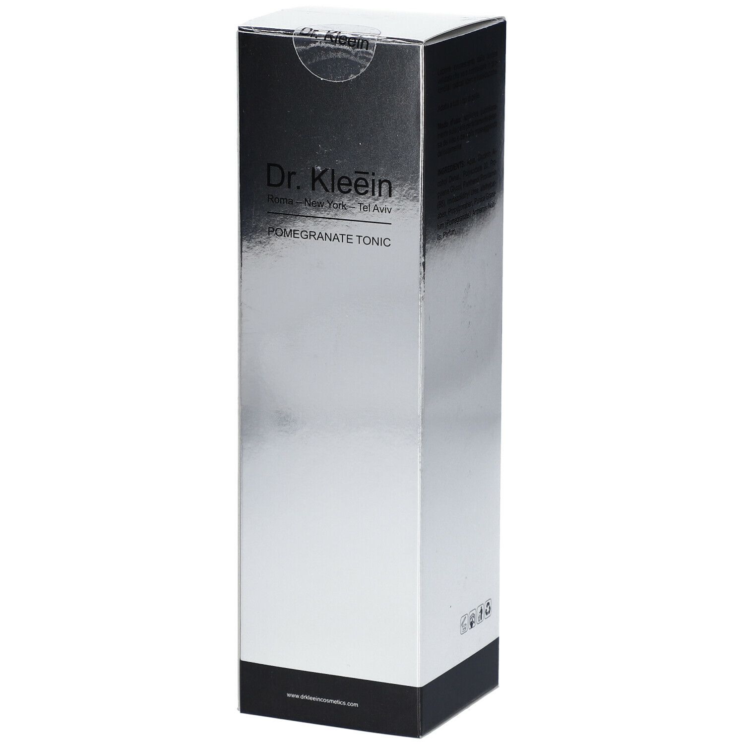 Confezione argentata con nome e logo del prodotto. Testo: Pomegranate Tonic. Base nera.