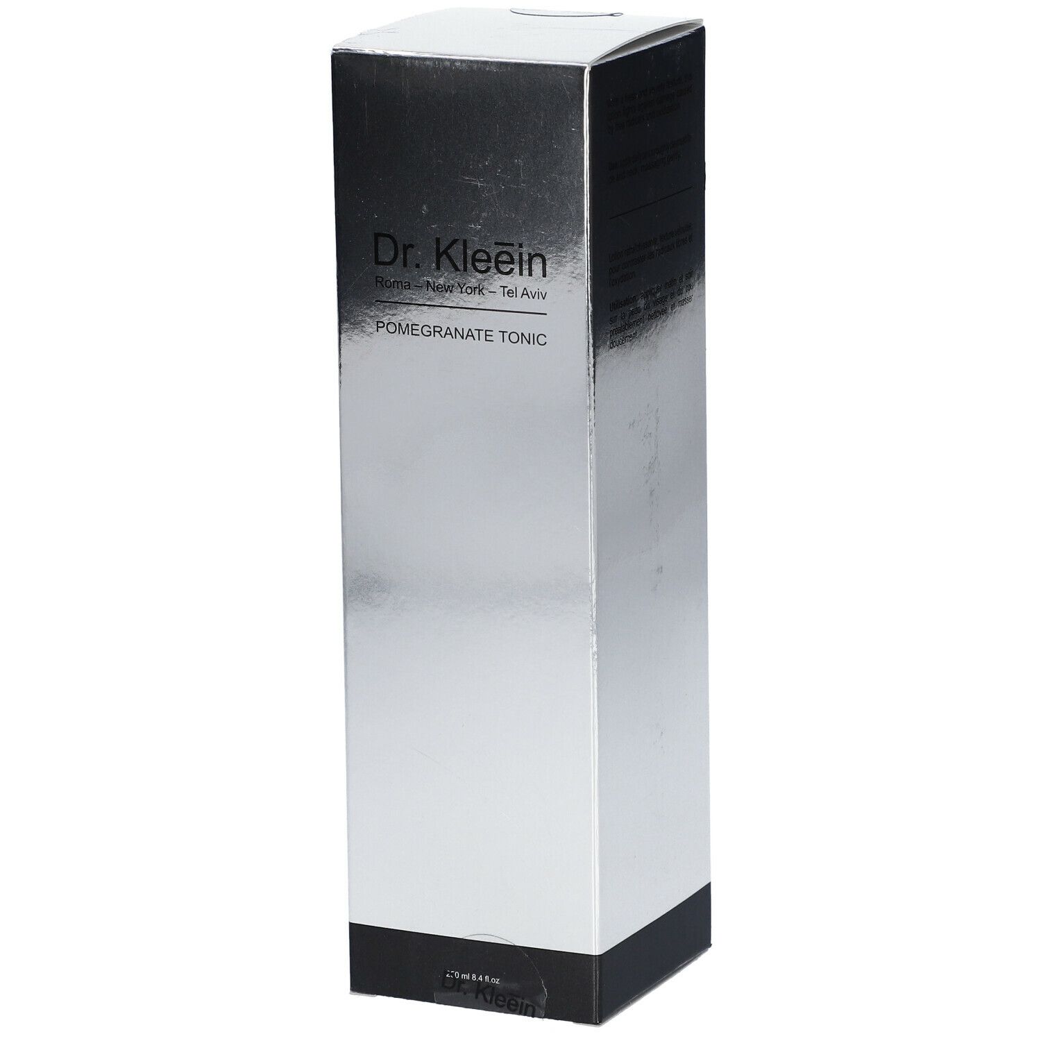 Confezione argentata con nome e logo del prodotto. Testo: Pomegranate Tonic. Base nera.