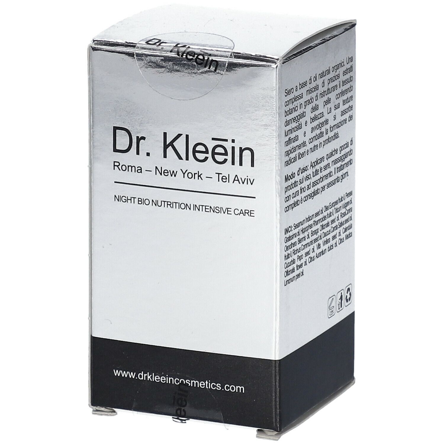 Confezione argento e nera. Scritta: Dr. Kleein, Night Bio Nutrition Intensive Care. Indirizzo del sito web.