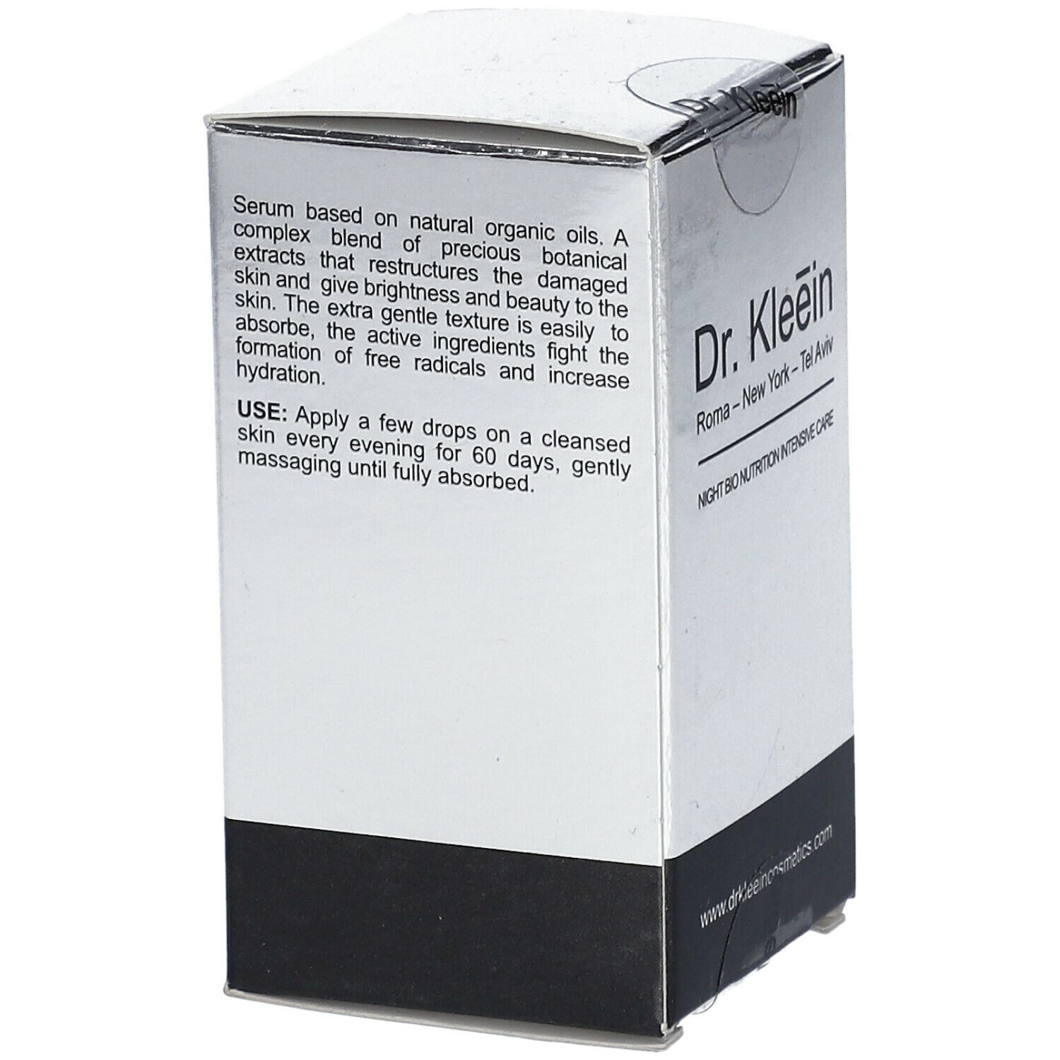 Confezione argento con testo. Scritta: Dr. Kleein, Night Bio Nutrition Intensive Care. Indirizzo del sito web.