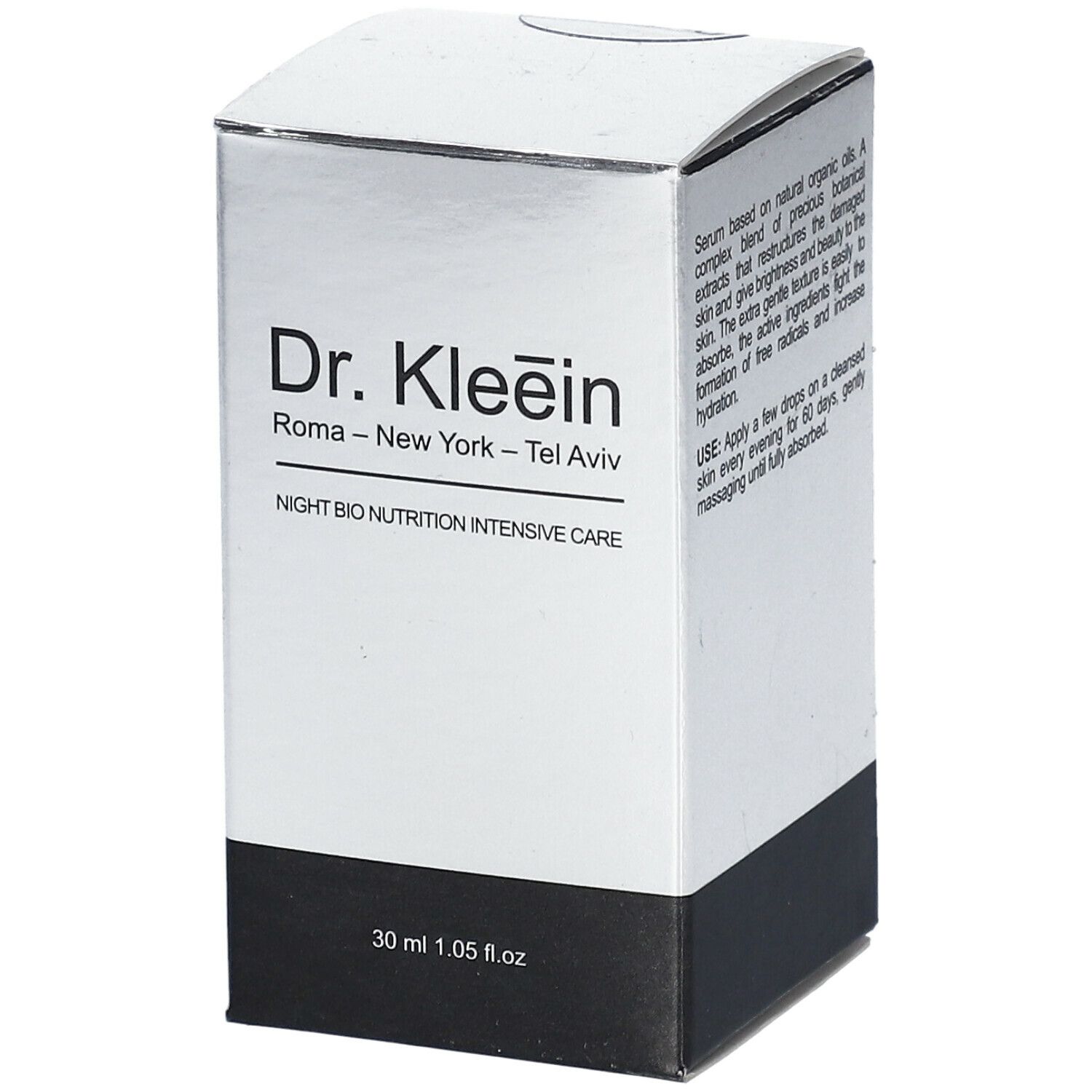 Confezione argento e nera. Scritta: Dr. Kleein, Night Bio Nutrition Intensive Care. Indicazione del volume.