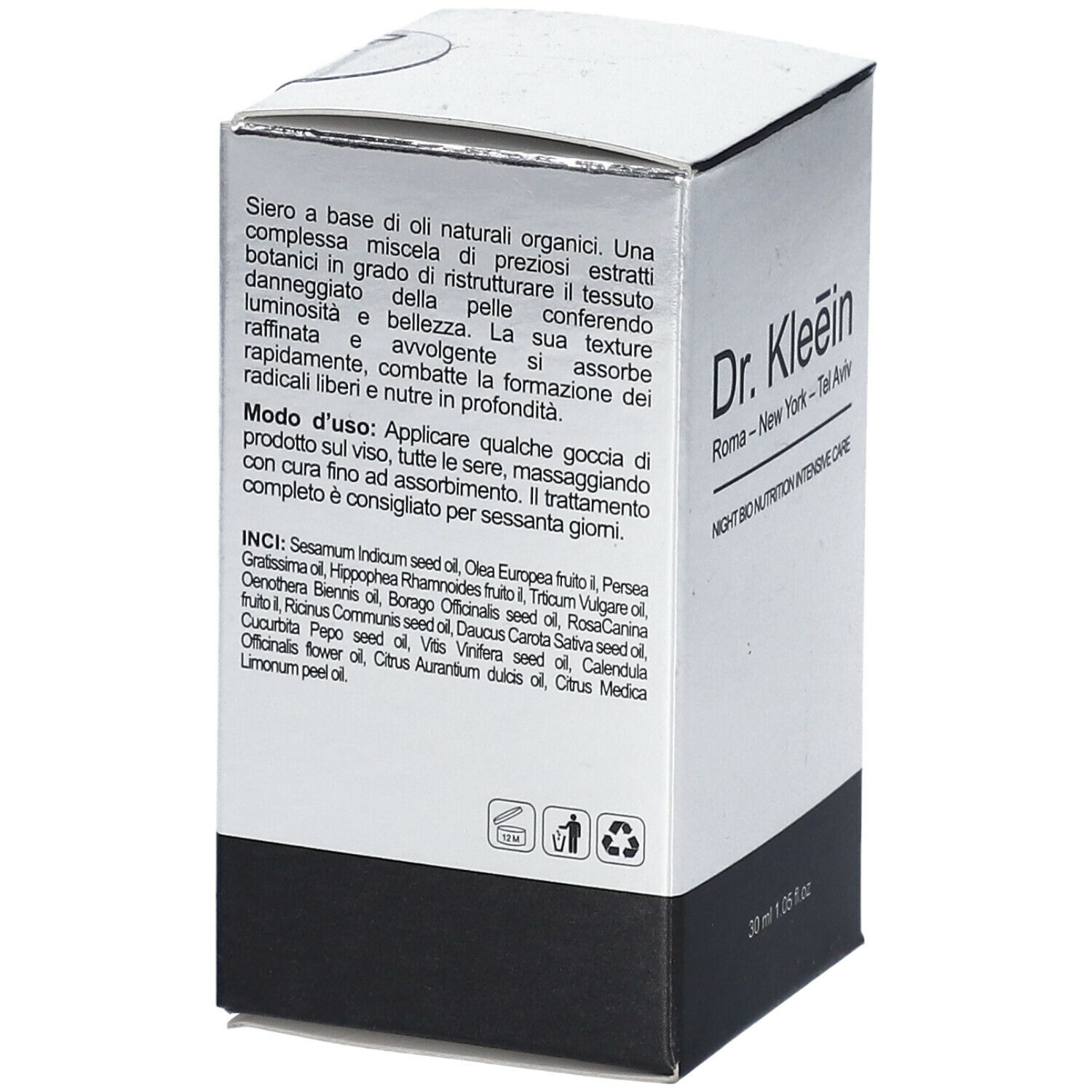 Confezione argento e nera. Scritta: Dr. Kleein, Night Bio Nutrition Intensive Care. Ingredienti.