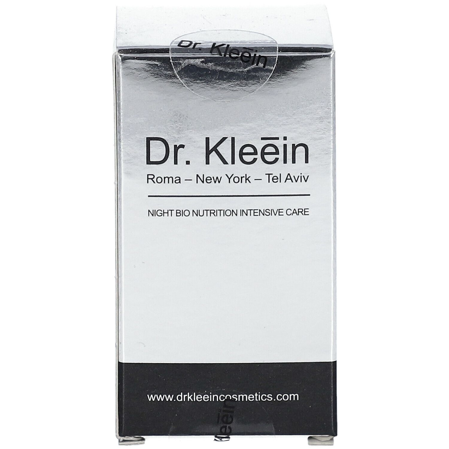 Confezione argento e nera. Scritta: Dr. Kleein, Night Bio Nutrition Intensive Care. Indirizzo del sito web.