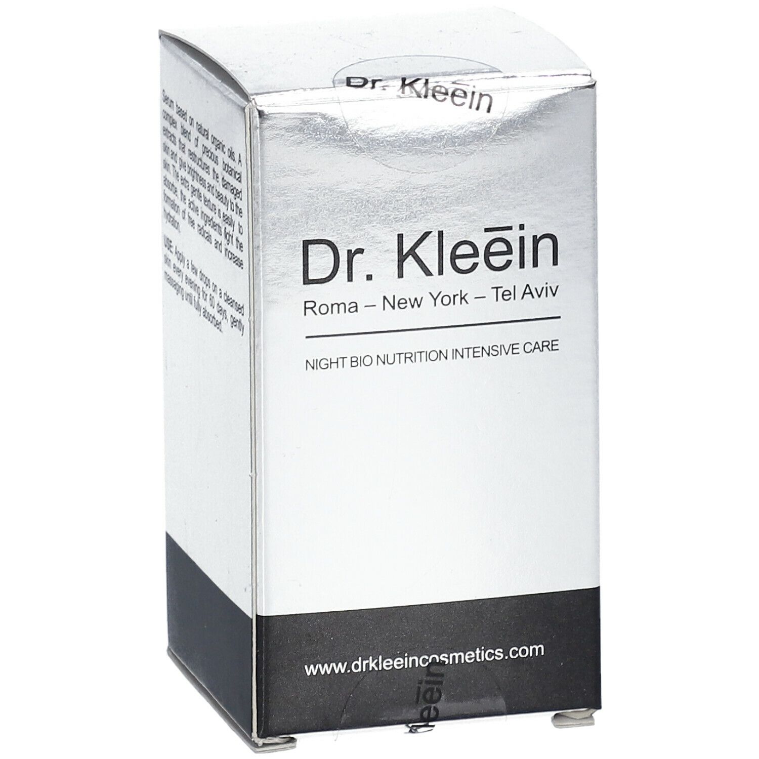 Confezione argento con testo. Scritta: Dr. Kleein, Night Bio Nutrition Intensive Care. Indirizzo del sito web.