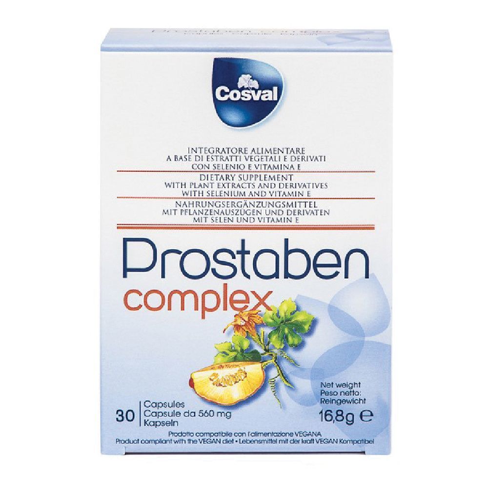 Confezione Prostaben Complex. 30 capsule. Contiene estratti vegetali, selenio e vitamina E. Marchio Cosval.