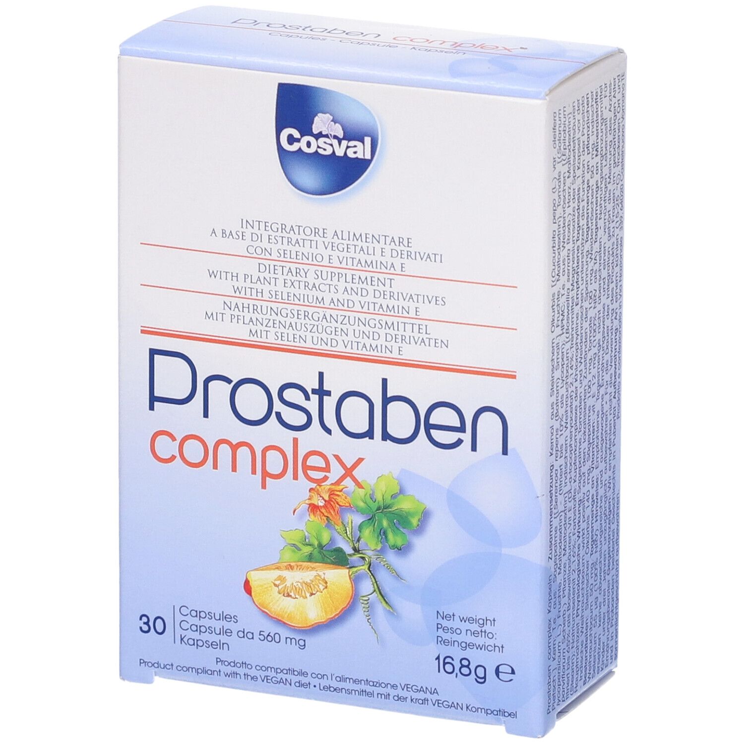 Confezione Prostaben Complex. 30 capsule. Contiene estratti vegetali, selenio e vitamina E. Marchio Cosval.