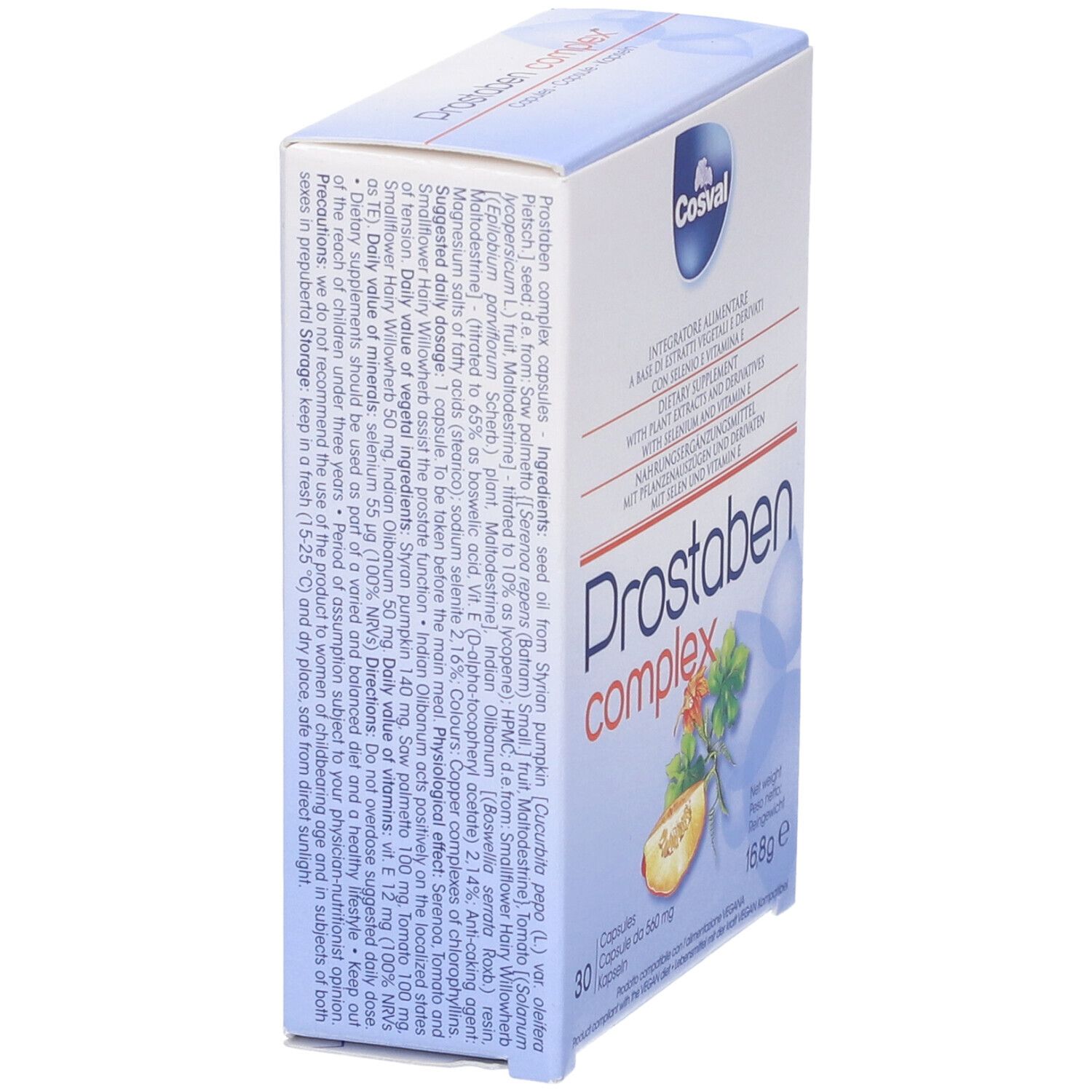 Confezione Prostaben Complex. 30 capsule. Contiene estratti vegetali, selenio e vitamina E. Marchio Cosval.