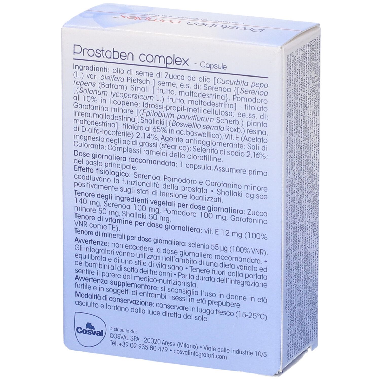Confezione Prostaben Complex. 30 capsule. Contiene estratti vegetali, selenio e vitamina E. Marchio Cosval.