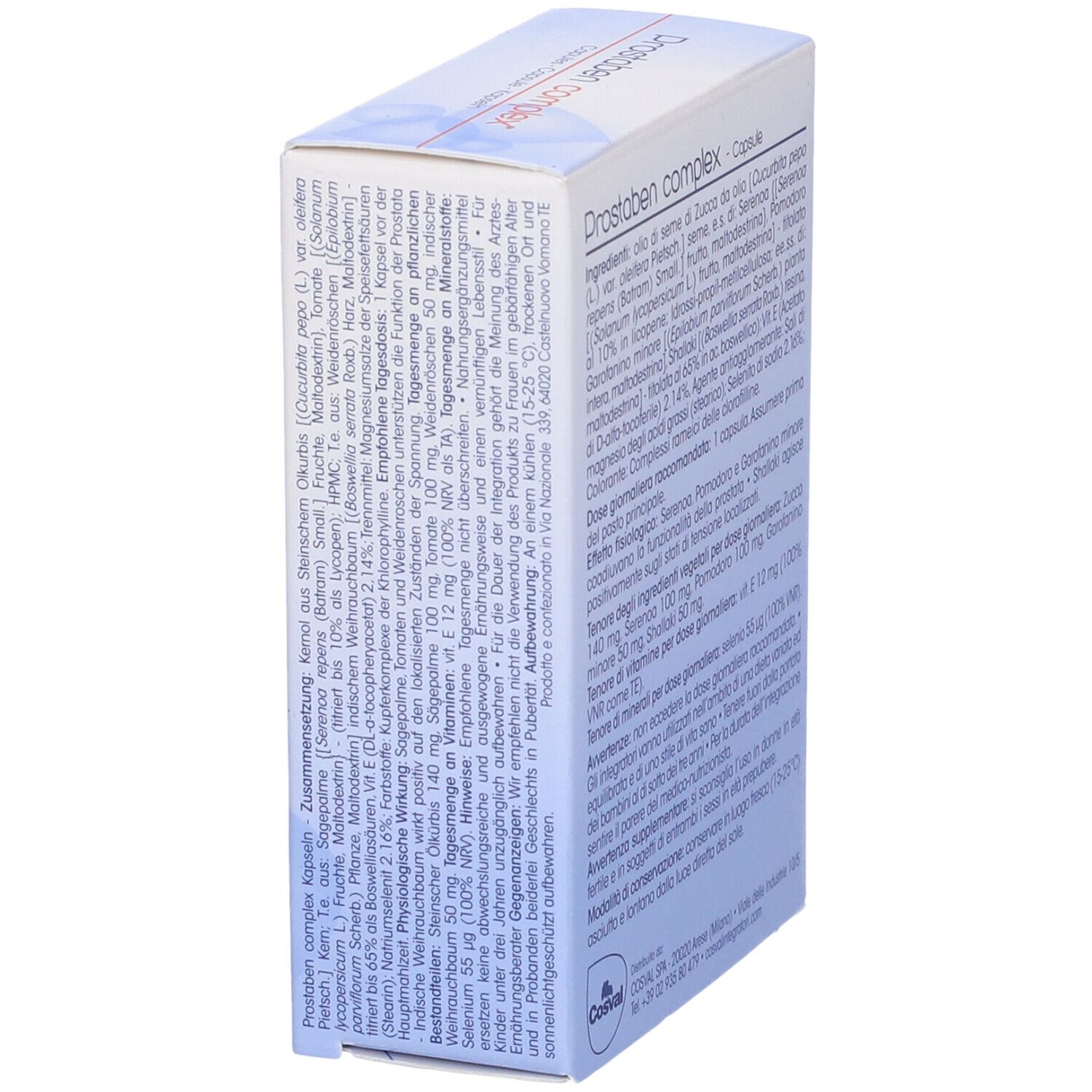 Confezione Prostaben Complex. 30 capsule. Contiene estratti vegetali, selenio e vitamina E. Marchio Cosval.