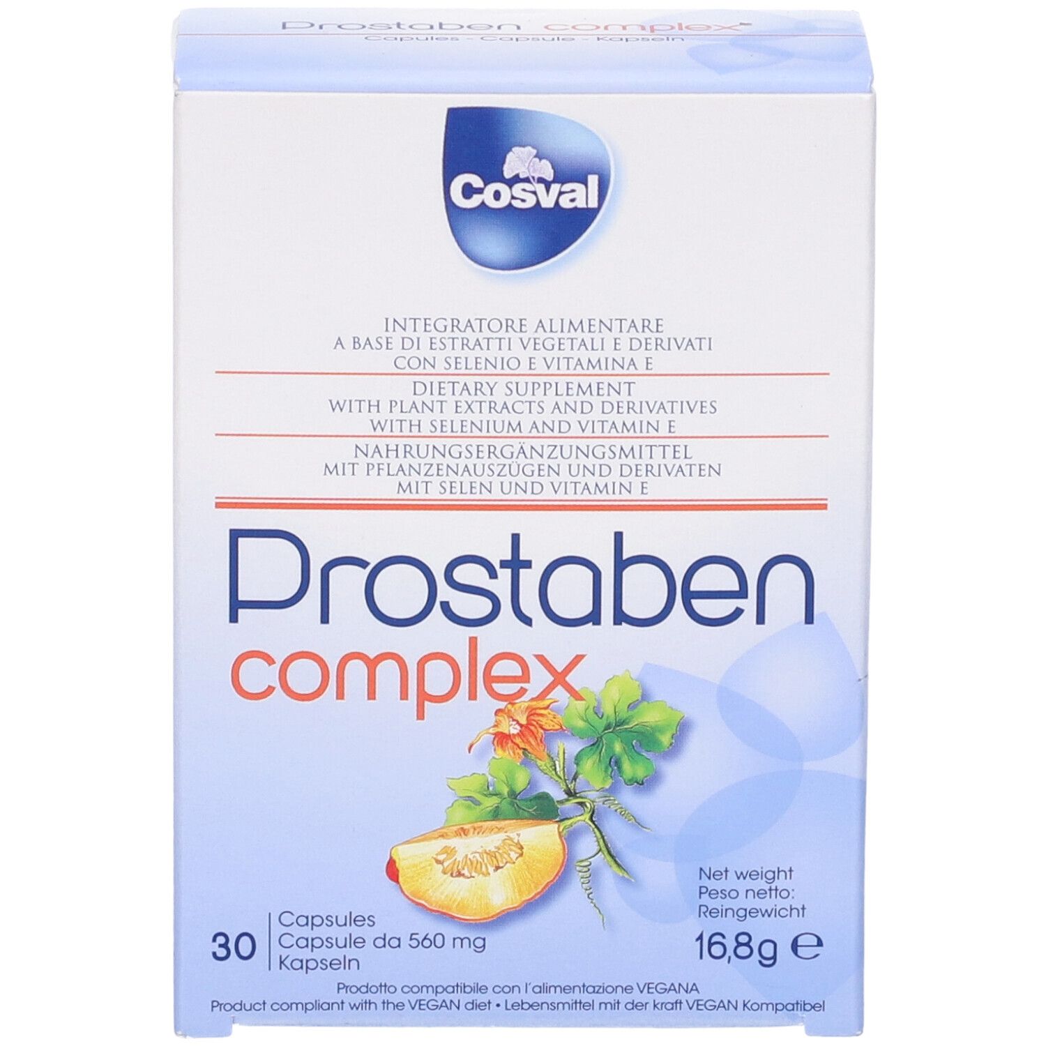Confezione Prostaben Complex. 30 capsule. Contiene estratti vegetali, selenio e vitamina E. Marchio Cosval.