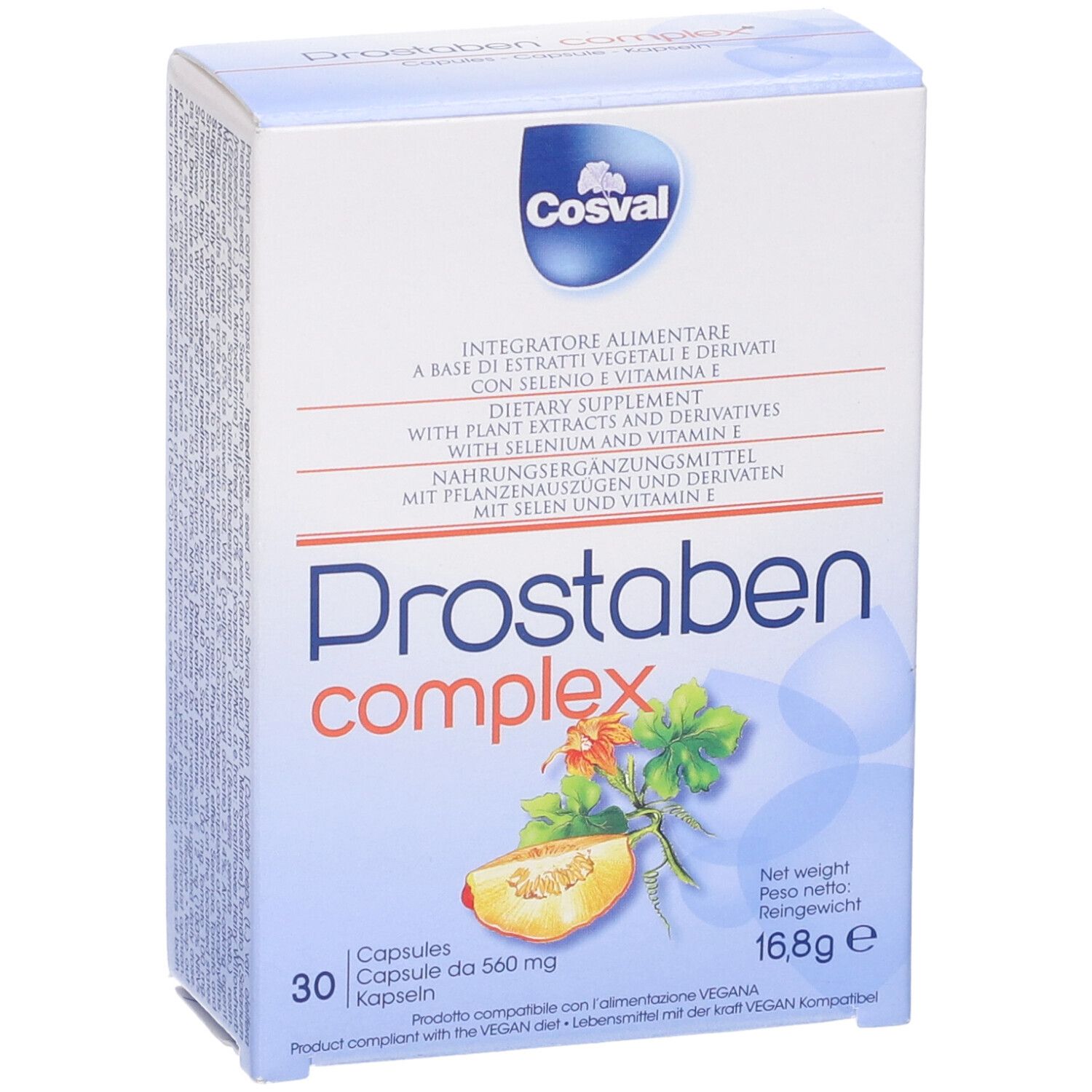 Confezione Prostaben Complex. 30 capsule. Contiene estratti vegetali, selenio e vitamina E. Marchio Cosval.