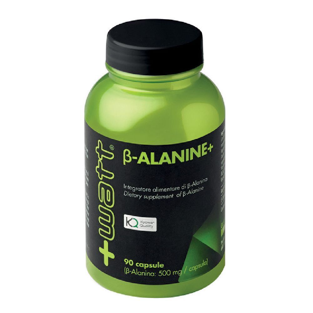 Flacone verde con tappo nero. Scritta: B-ALANINE+. Contiene 90 capsule. Marchio: +watt.