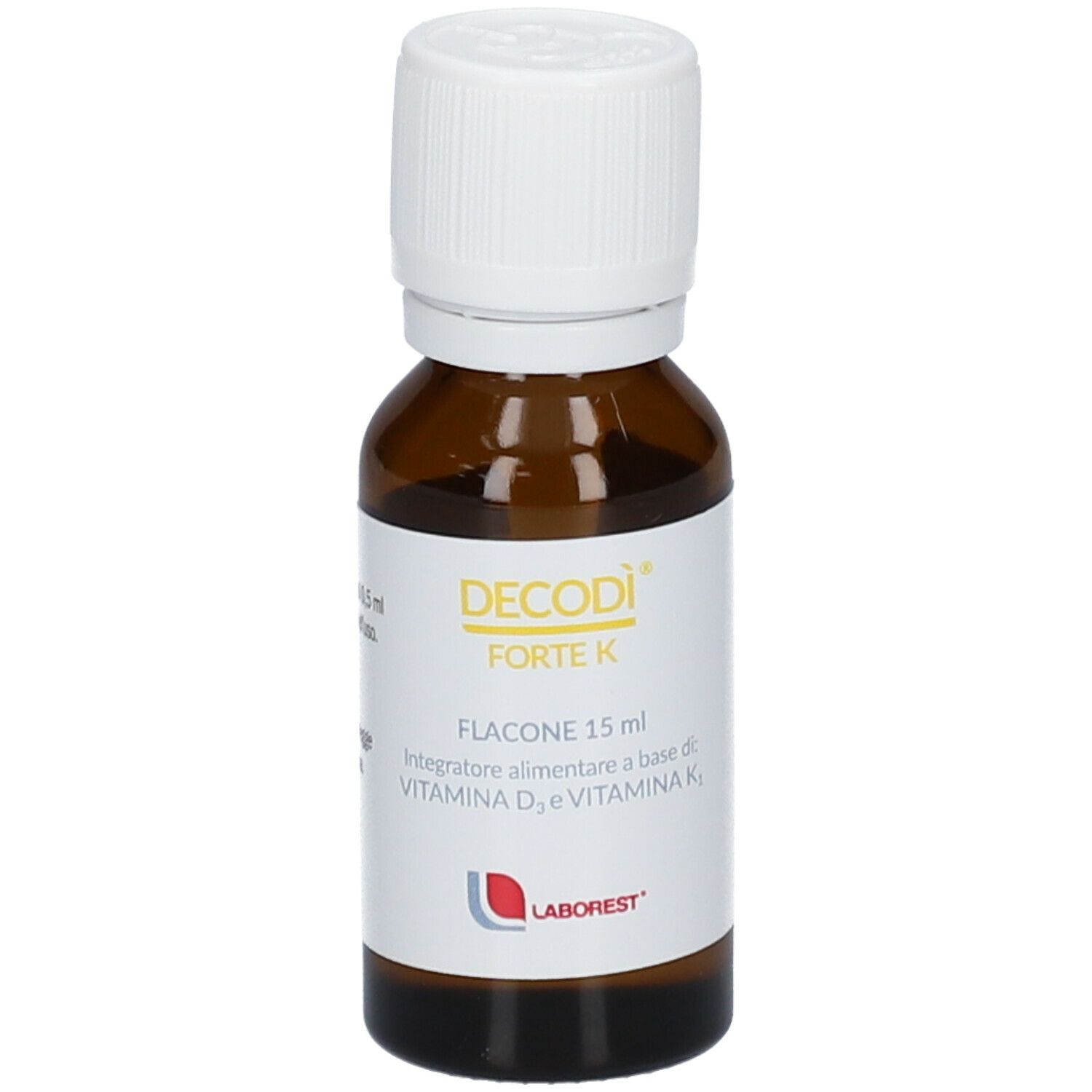 Flacone in vetro marrone Decodì® Forte K. Contiene vitamina D e K. Tappo bianco. Scritte in italiano.