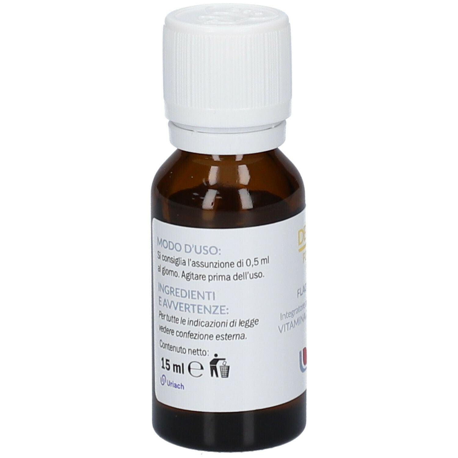 Flacone in vetro marrone Decodì® Forte K. Contiene vitamina D e K. Tappo bianco. Scritte in italiano.