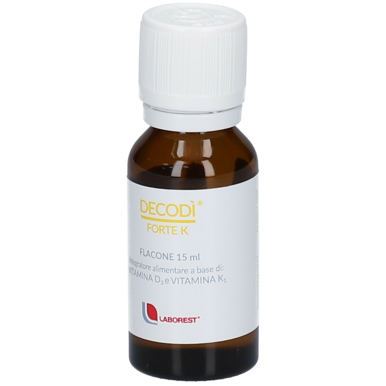 Flacone in vetro marrone Decodì® Forte K. Contiene vitamina D e K. Tappo bianco. Scritte in italiano.
