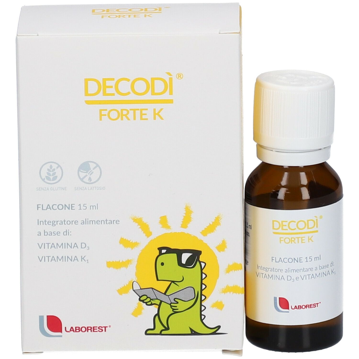 Flacone e scatola Decodì® Forte K. Contiene vitamina D e K. Scritte in italiano.