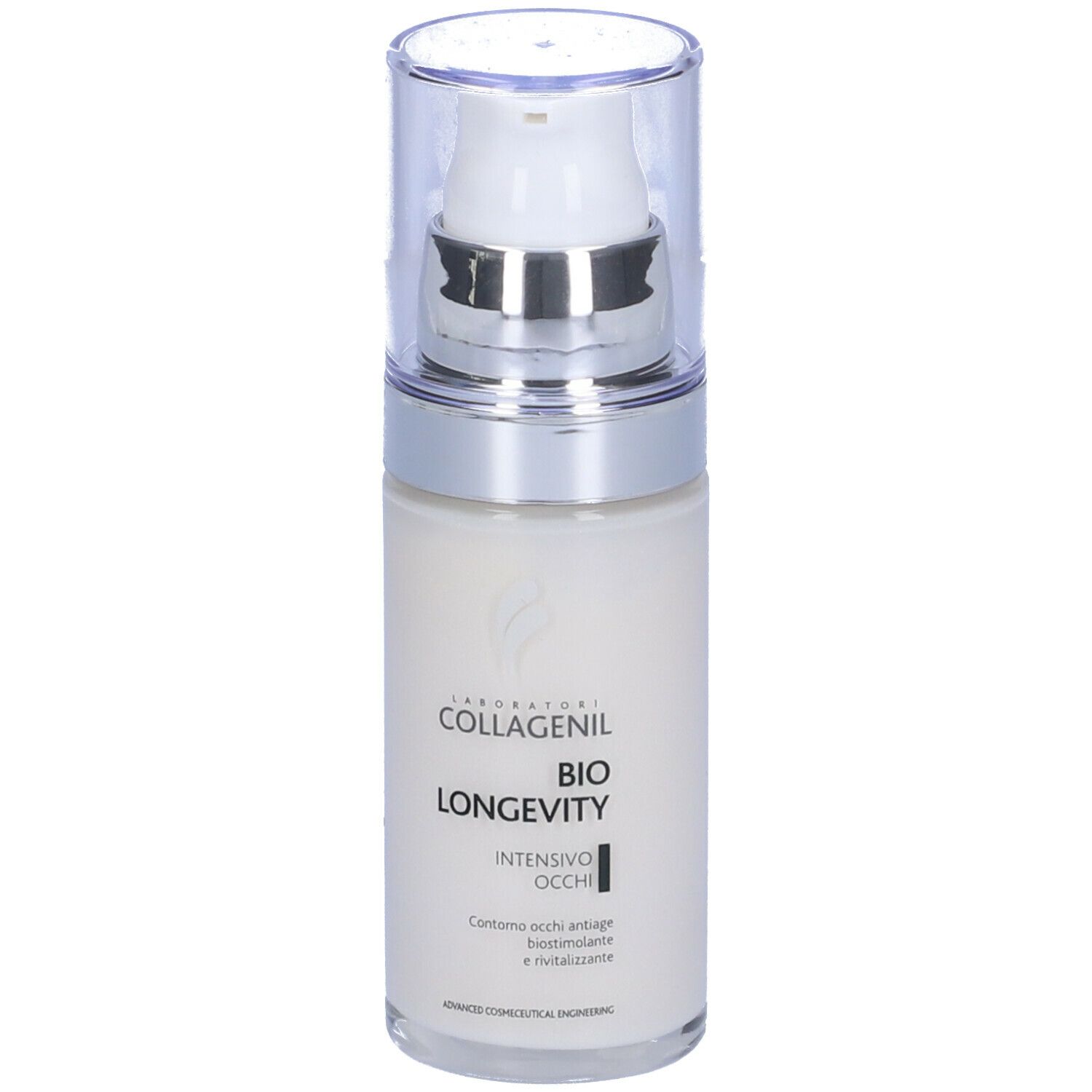 Flacone di crema con dosatore a pompa. Scritta: COLLAGENIL BIO LONGEVITY INTENSIVO OCCHI. Tappo trasparente.