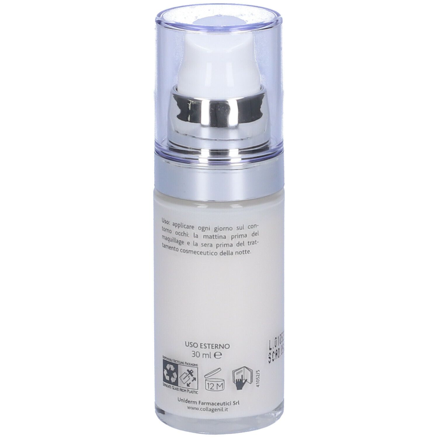 Retro del flacone di crema. Scritta: Istruzioni per l'uso. Volume: 30 ml. Simboli di riciclaggio.