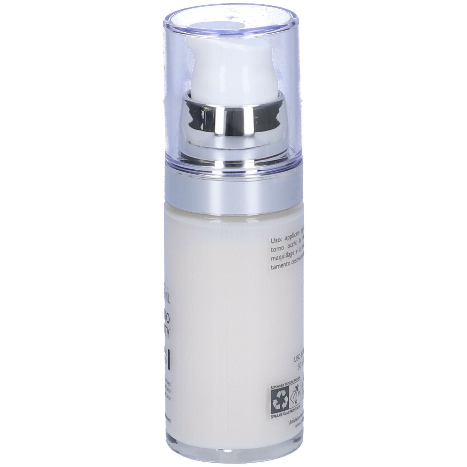 Flacone di crema, vista laterale. Scritta: COLLAGENIL BIO LONGEVITY INTENSIVO OCCHI. Simbolo di riciclaggio.