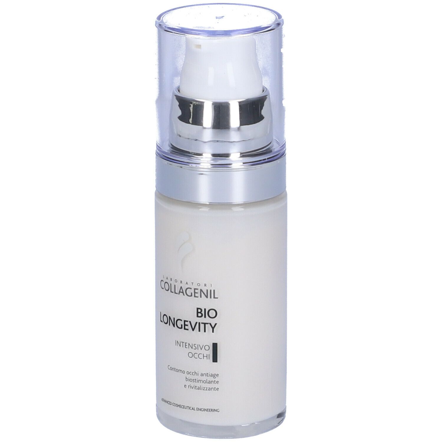 Flacone di crema con dosatore a pompa. Scritta: COLLAGENIL BIO LONGEVITY INTENSIVO OCCHI. Tappo trasparente.