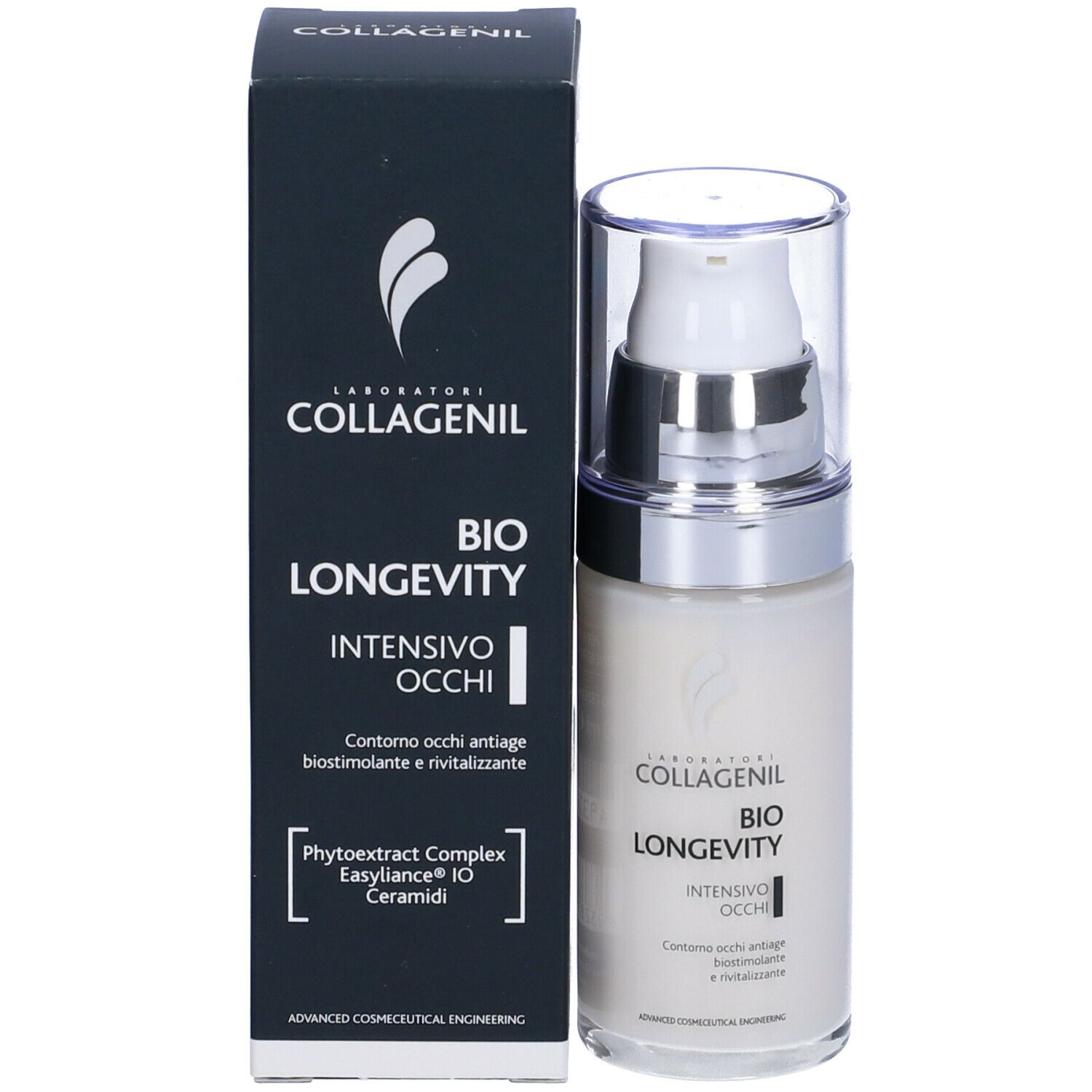 Confezione del prodotto e flacone di crema. Scritta: COLLAGENIL BIO LONGEVITY INTENSIVO OCCHI. Confezione nera.
