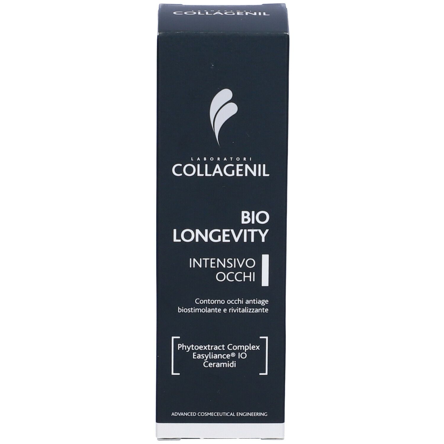 Confezione del prodotto nera. Scritta: COLLAGENIL BIO LONGEVITY INTENSIVO OCCHI. Ingredienti.