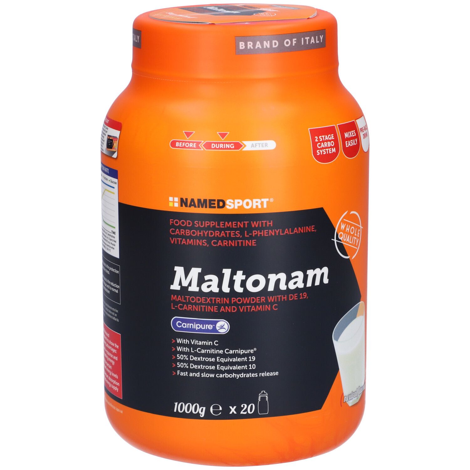 Barattolo arancione NAMEDSPORT Maltonam. Contiene maltodestrine con DE 19, L-carnitina e vitamina C. 1000g.