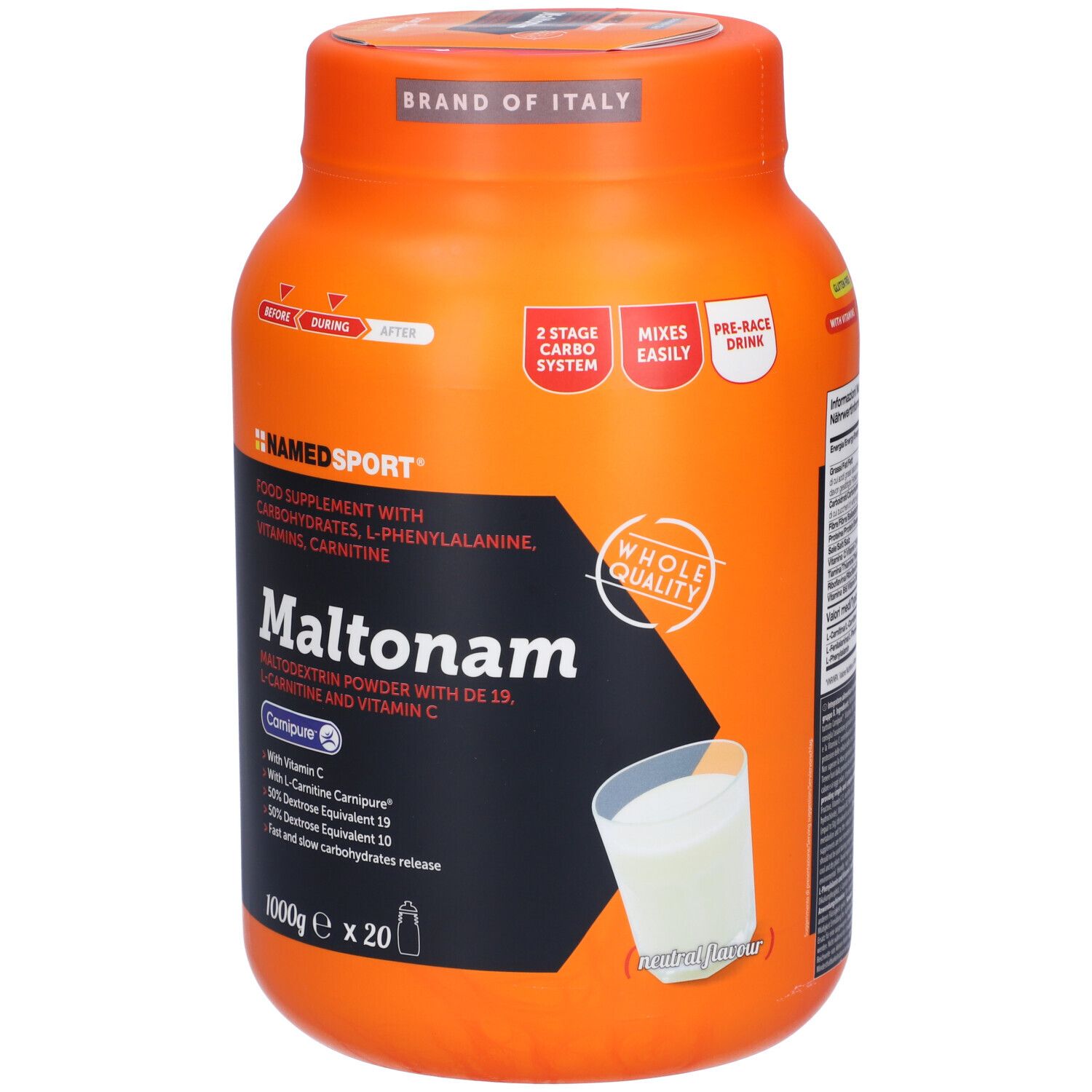 Barattolo arancione NAMEDSPORT Maltonam. Contiene maltodestrine con DE 19, L-carnitina e vitamina C. 1000g.