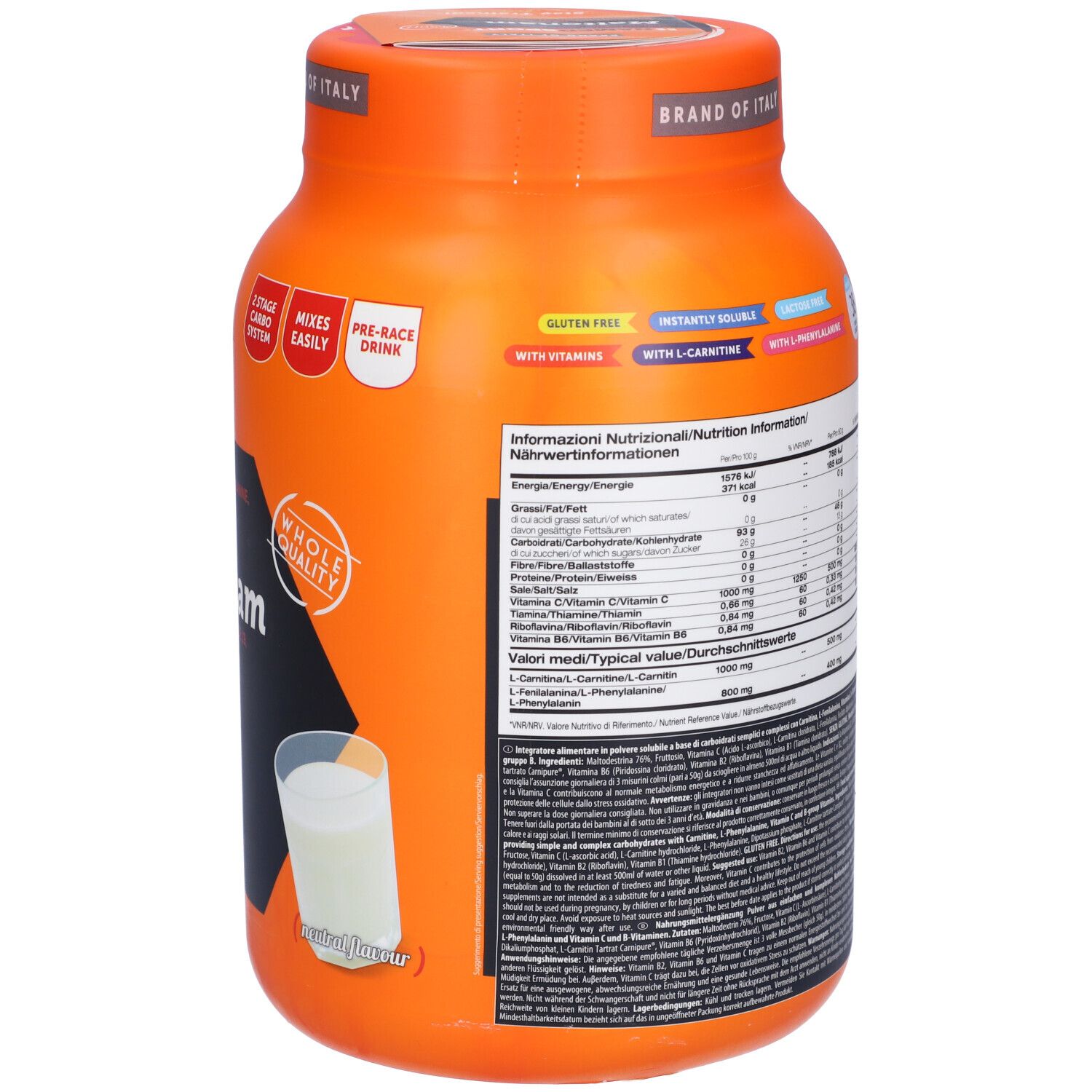 Retro del barattolo arancione NAMEDSPORT Maltonam. Contiene informazioni nutrizionali e informazioni.
