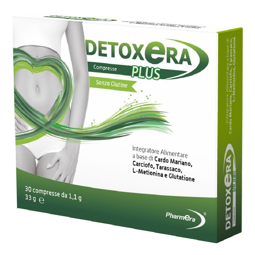 Scatola di Detoxera Plus, 30 compresse. Design verde e bianco con nome del prodotto e figura del corpo umano.