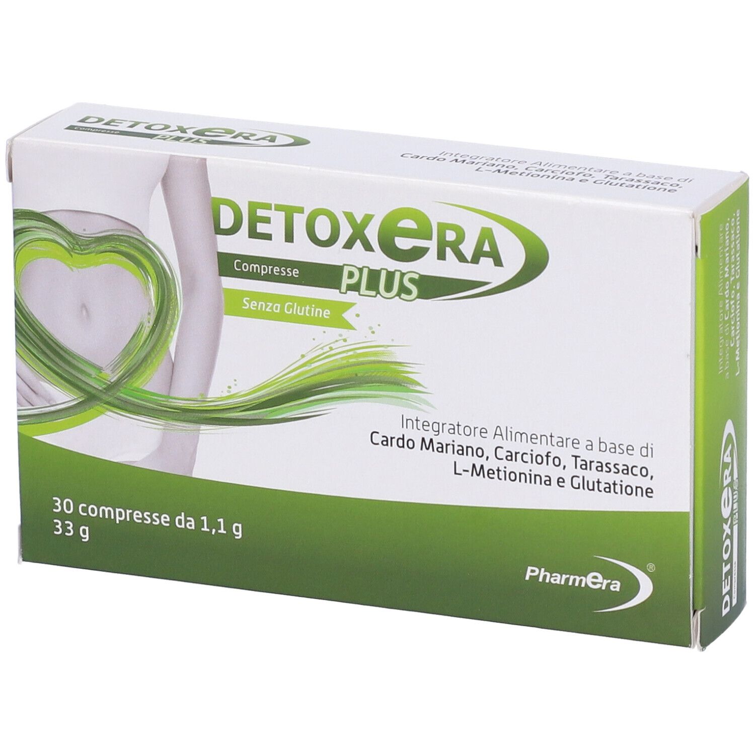 Scatola Detoxera Plus, 30 compresse. Nome del prodotto, ingredienti e marchio Pharmera sulla confezione.