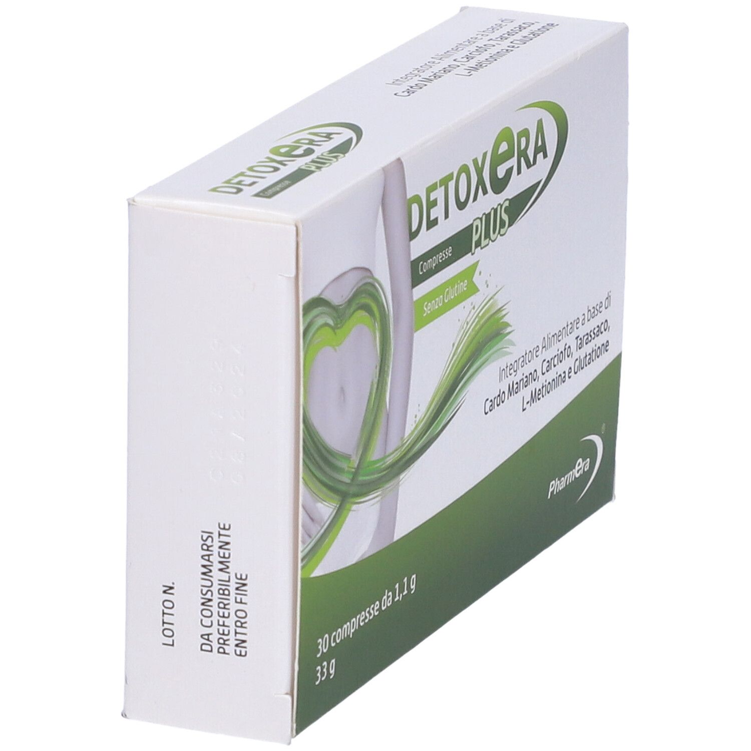 Scatola Detoxera Plus, 30 compresse. Vista laterale con nome del prodotto, ingredienti e marchio Pharmera.