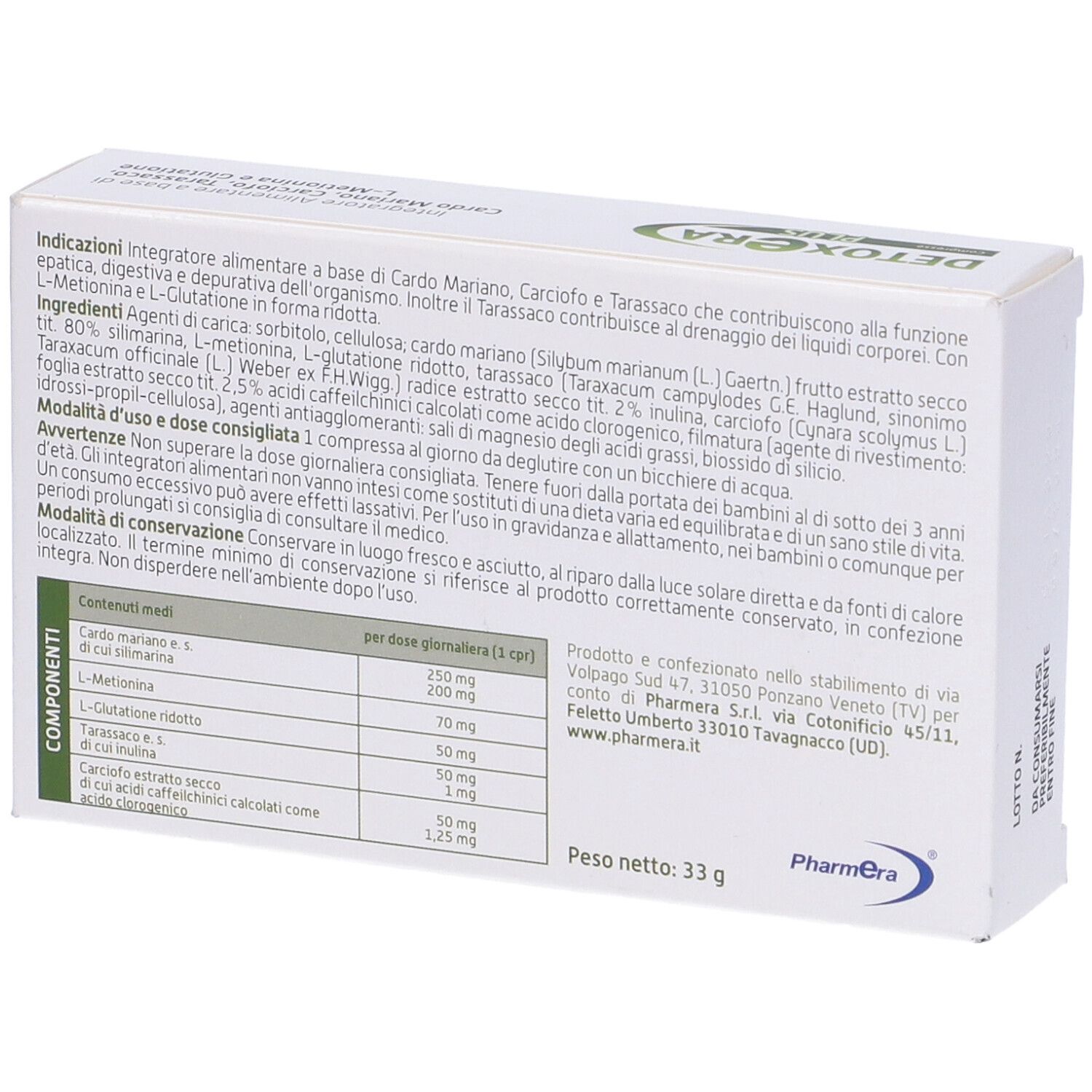 Retro della confezione Detoxera Plus. Contiene informazioni su ingredienti, dosaggio e produttore.