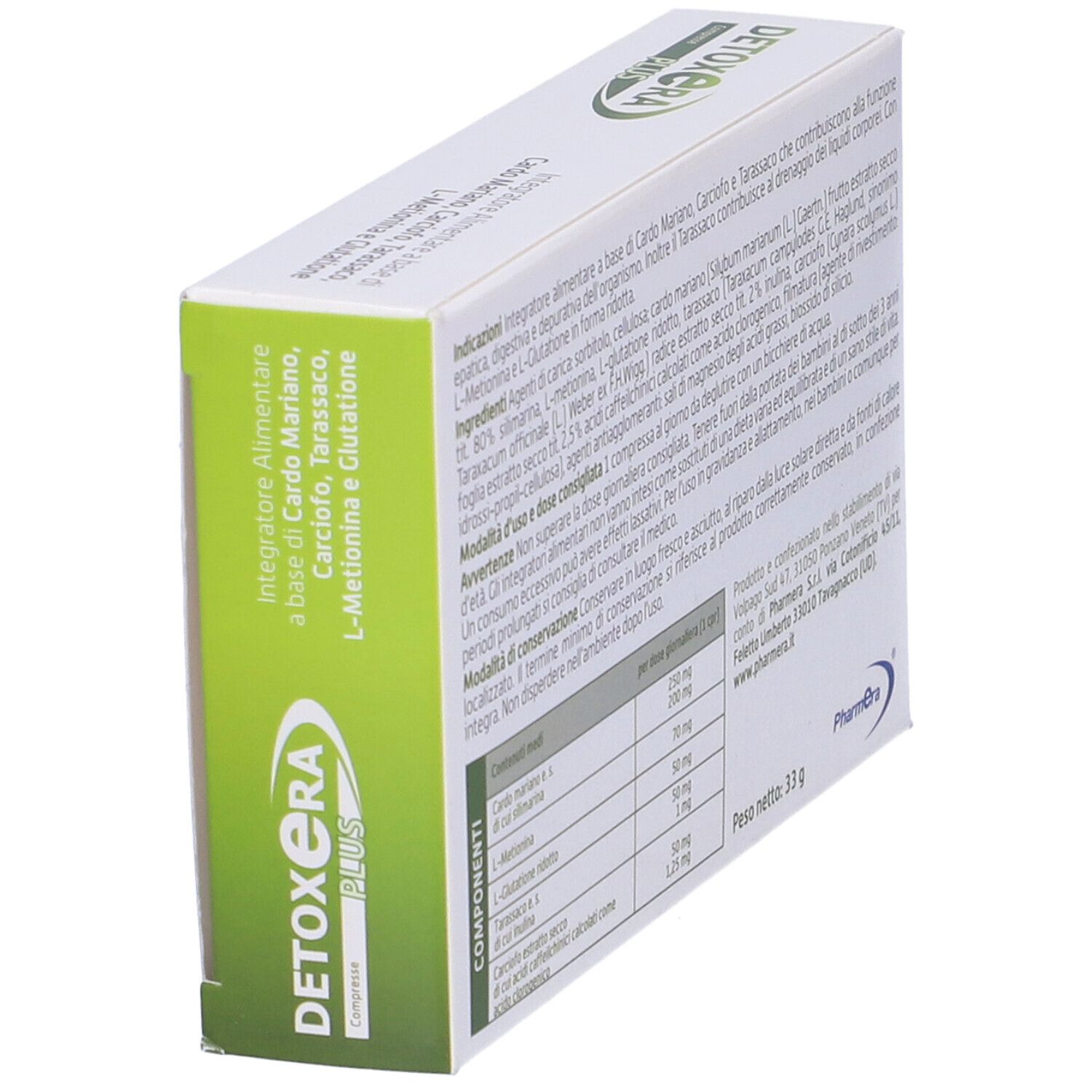 Scatola Detoxera Plus, 30 compresse. Vista laterale con nome del prodotto, ingredienti e marchio Pharmera.