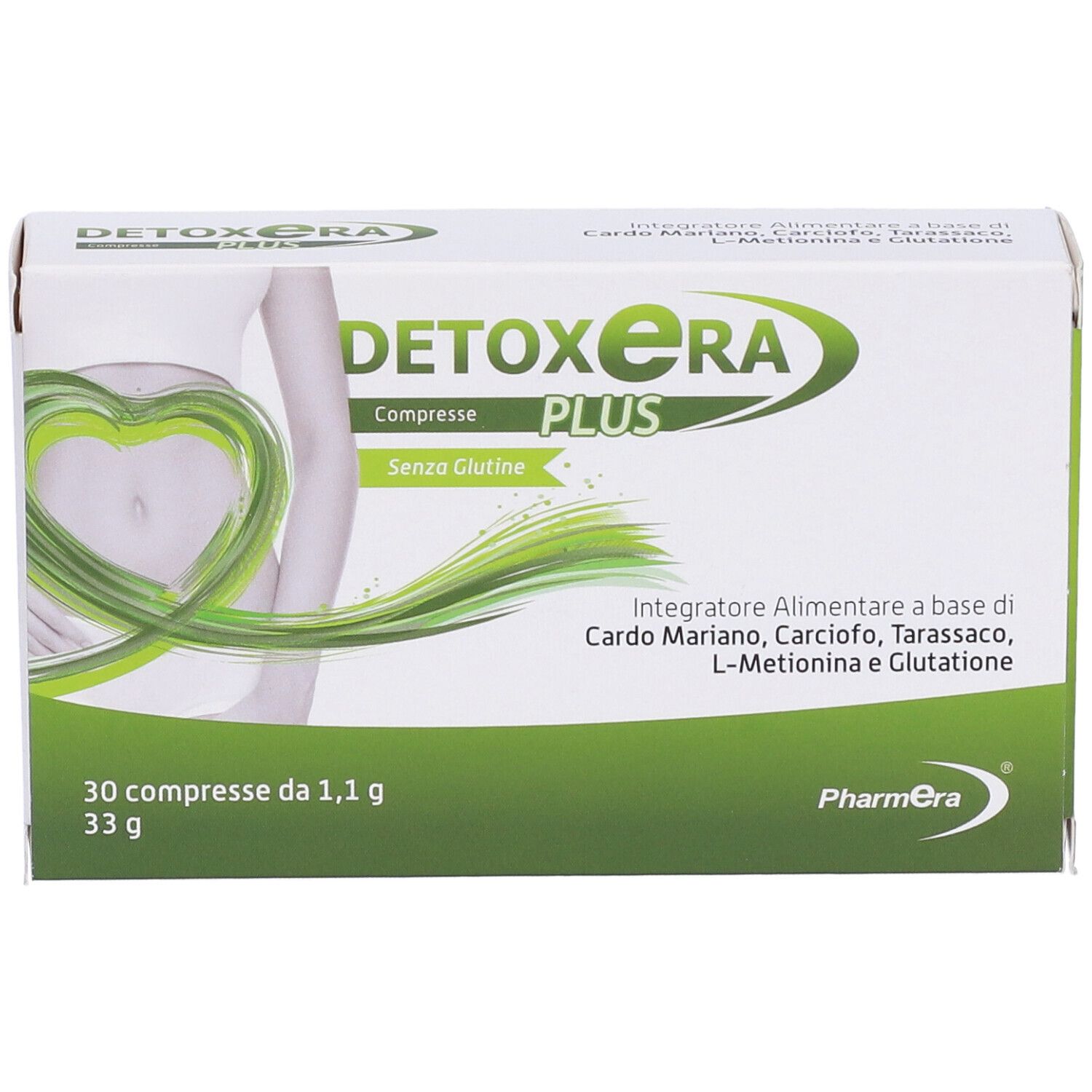 Scatola Detoxera Plus, 30 compresse. Vista frontale con nome del prodotto, ingredienti e marchio Pharmera.