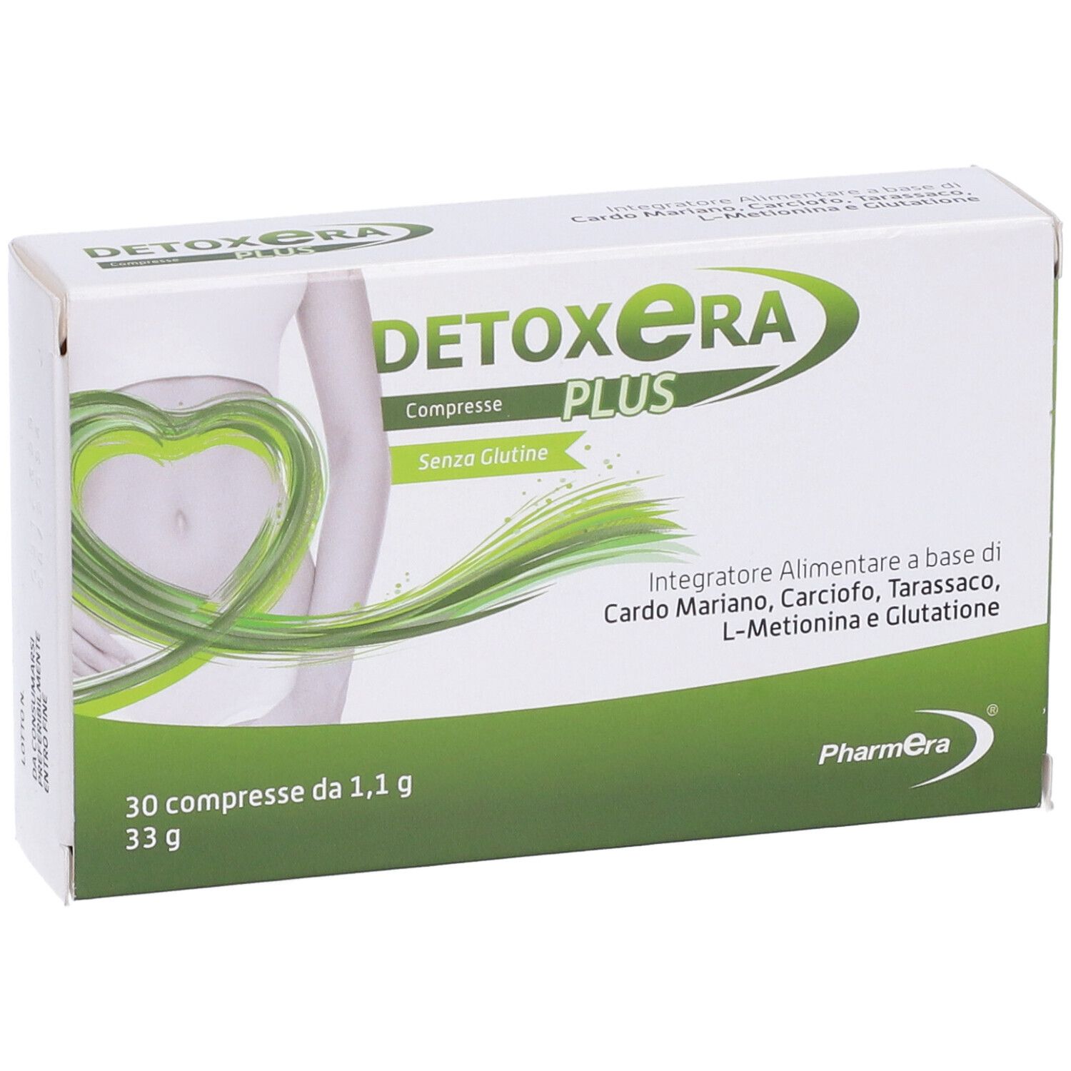 Scatola Detoxera Plus, 30 compresse. Vista frontale con nome del prodotto, ingredienti e marchio Pharmera.