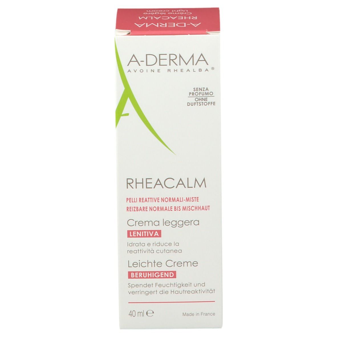 Confezione di crema A-DERMA RHEACALM. Scatola bianca con testo e grafica verde. Contiene 40ml. Scritta: Crème légère, apaissante, light cream, soothing.
