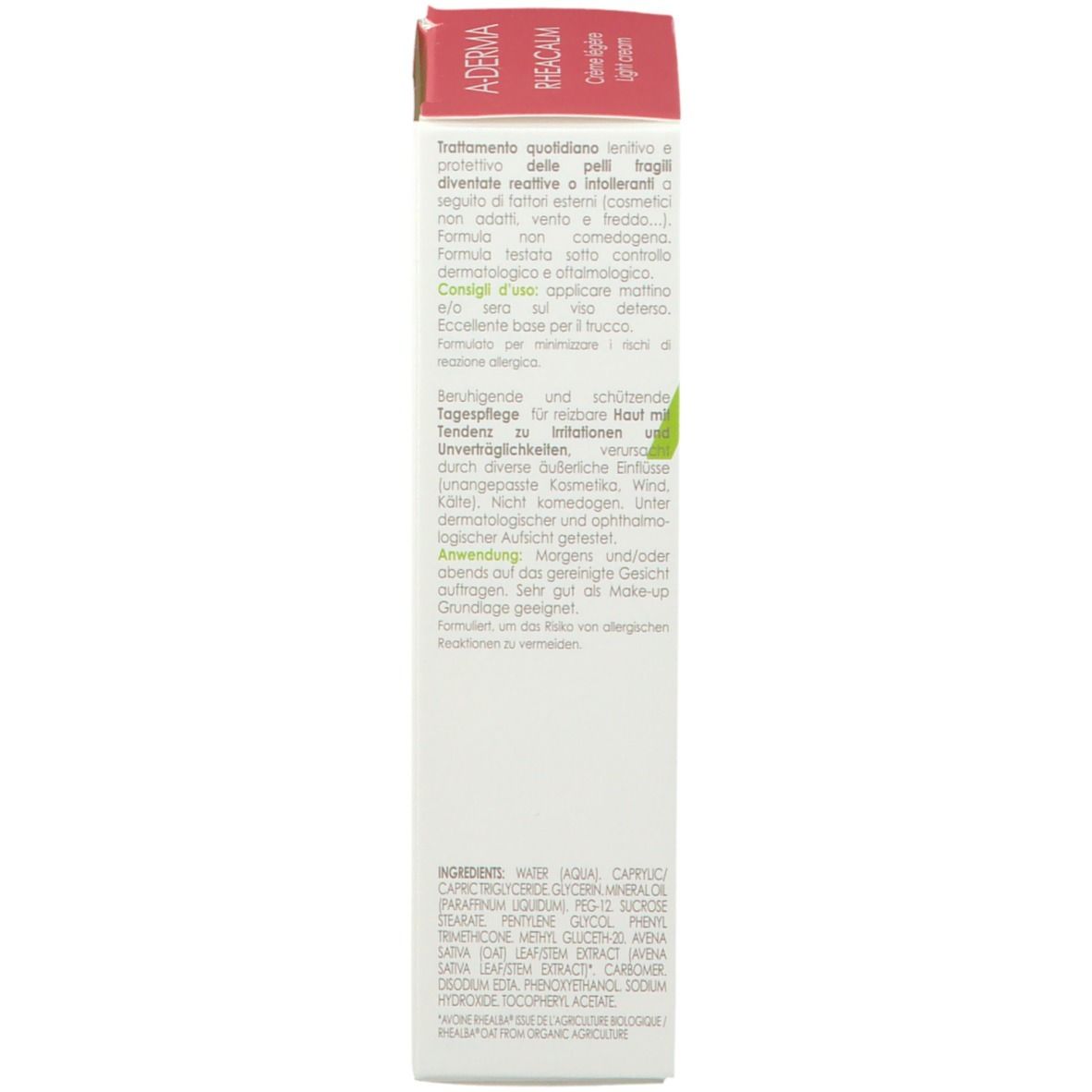 Retro della confezione di crema A-DERMA RHEACALM. Bianco con testo. Contiene informazioni sull'uso e gli ingredienti. Logo Pierre Fabre.