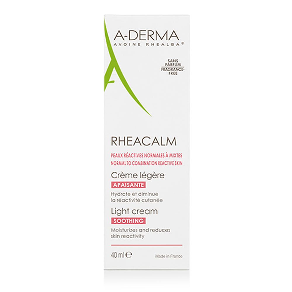 Confezione di crema A-DERMA RHEACALM. Scatola bianca con testo e grafica verde. Contiene 40ml. Scritta: Crème légère, apaissante, light cream, soothing.