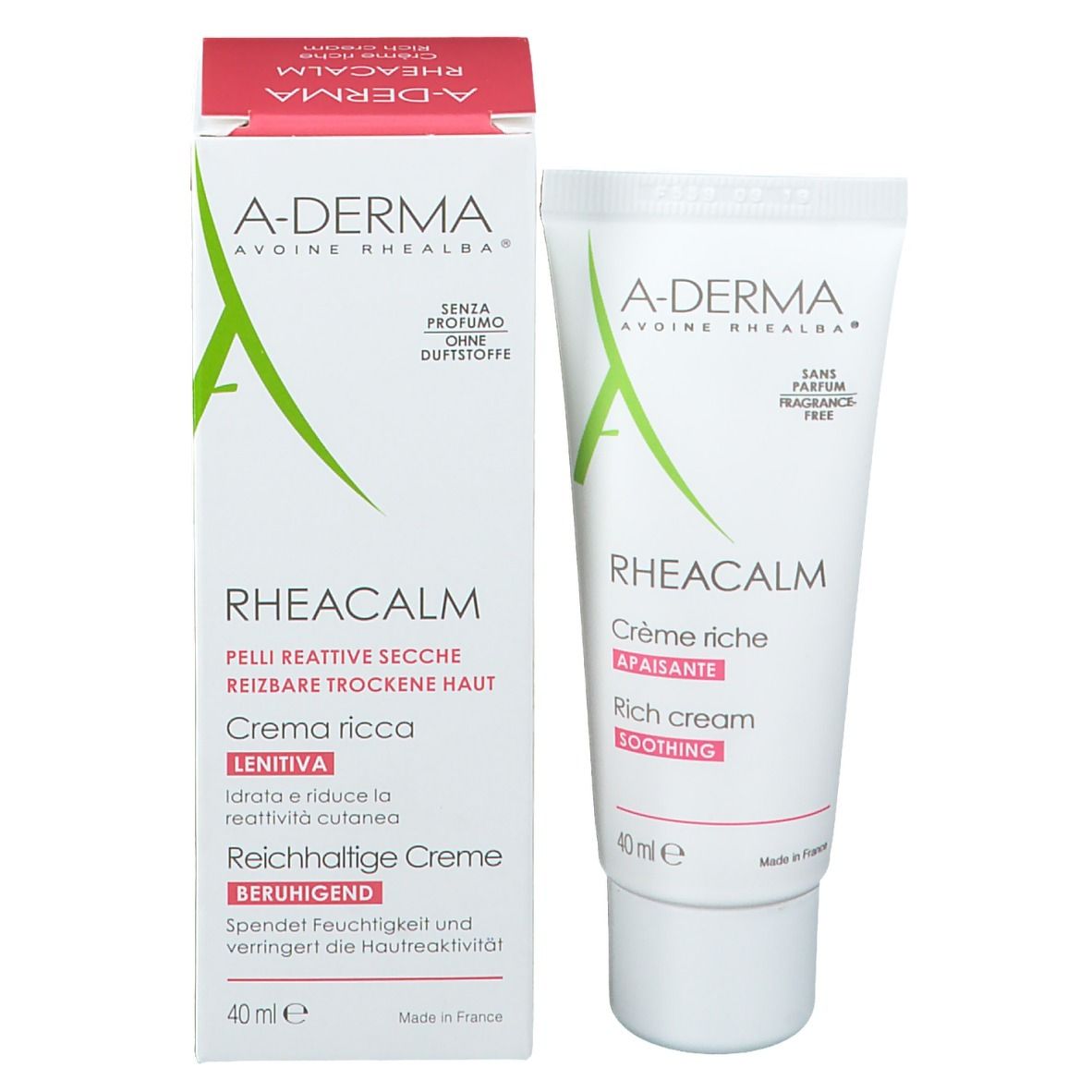 Crème A-DERMA Rheacalm et emballage. Blanc, texte vert. Contient 40ml. Pour peaux réactives sèches.