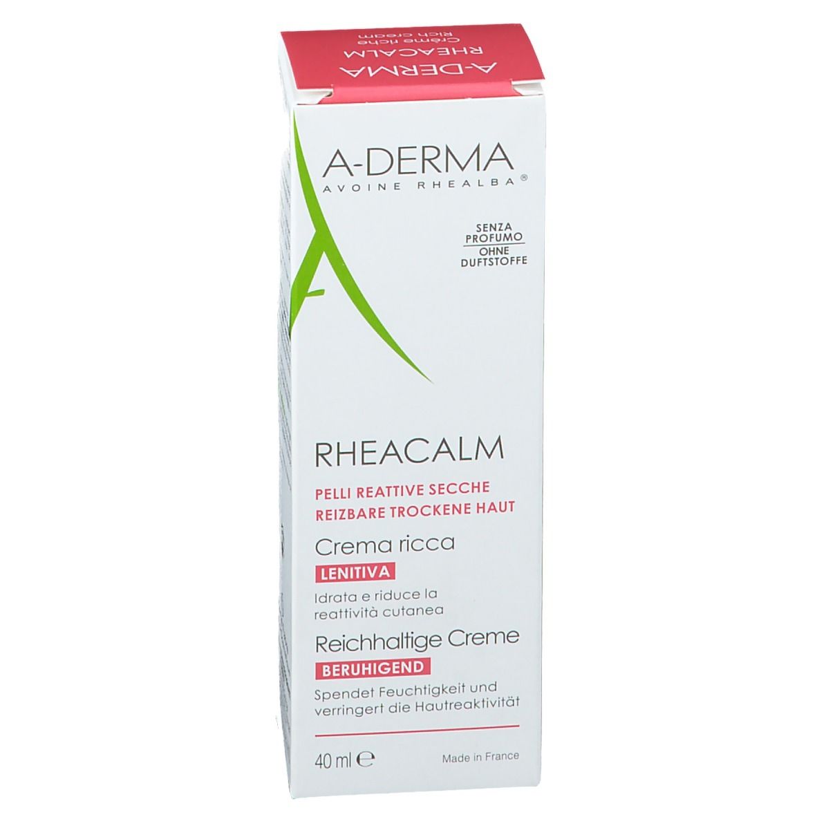 Emballage A-DERMA Rheacalm. Blanc, texte vert. Contient 40ml. Pour peaux réactives sèches.