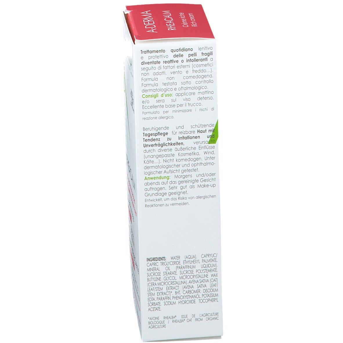 Côté de l'emballage A-DERMA Rheacalm. Texte multilingue. Ingrédients et conseils d'utilisation.