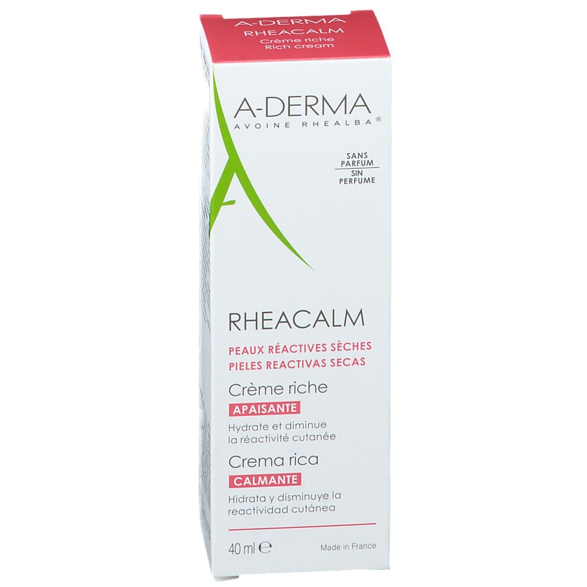 Emballage A-DERMA Rheacalm. Texte multilingue. Pour peaux réactives sèches. Contient 40ml.