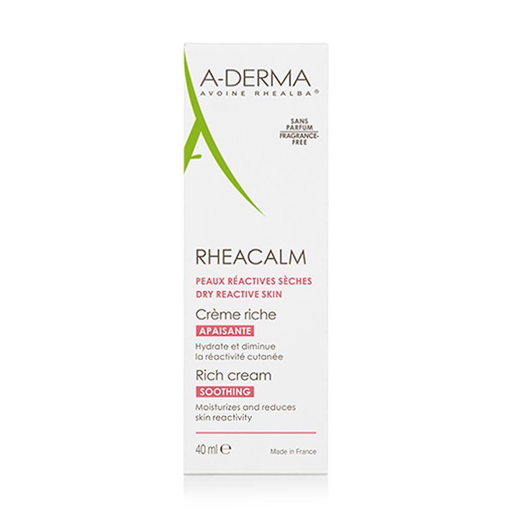 Emballage A-DERMA Rheacalm. Blanc, texte vert. Contient 40ml. Pour peaux réactives sèches.